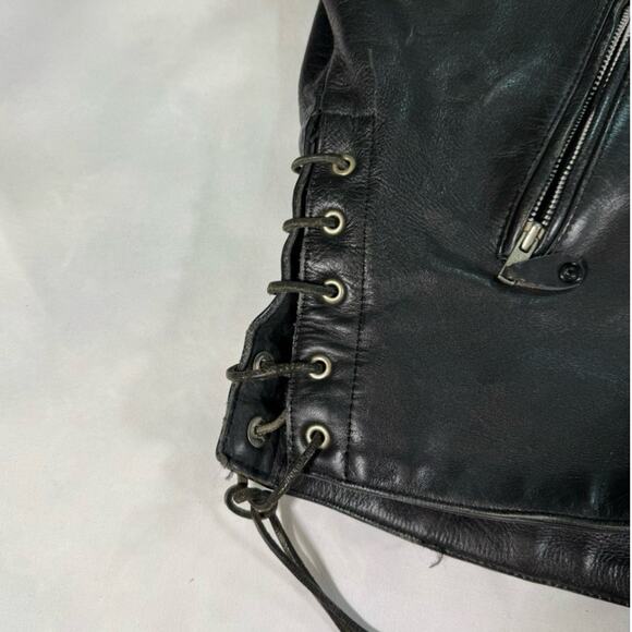 Vent Tech Black Vented Leather Motorcycle Jacket Green Flames Sz M - Picture 6 of 10